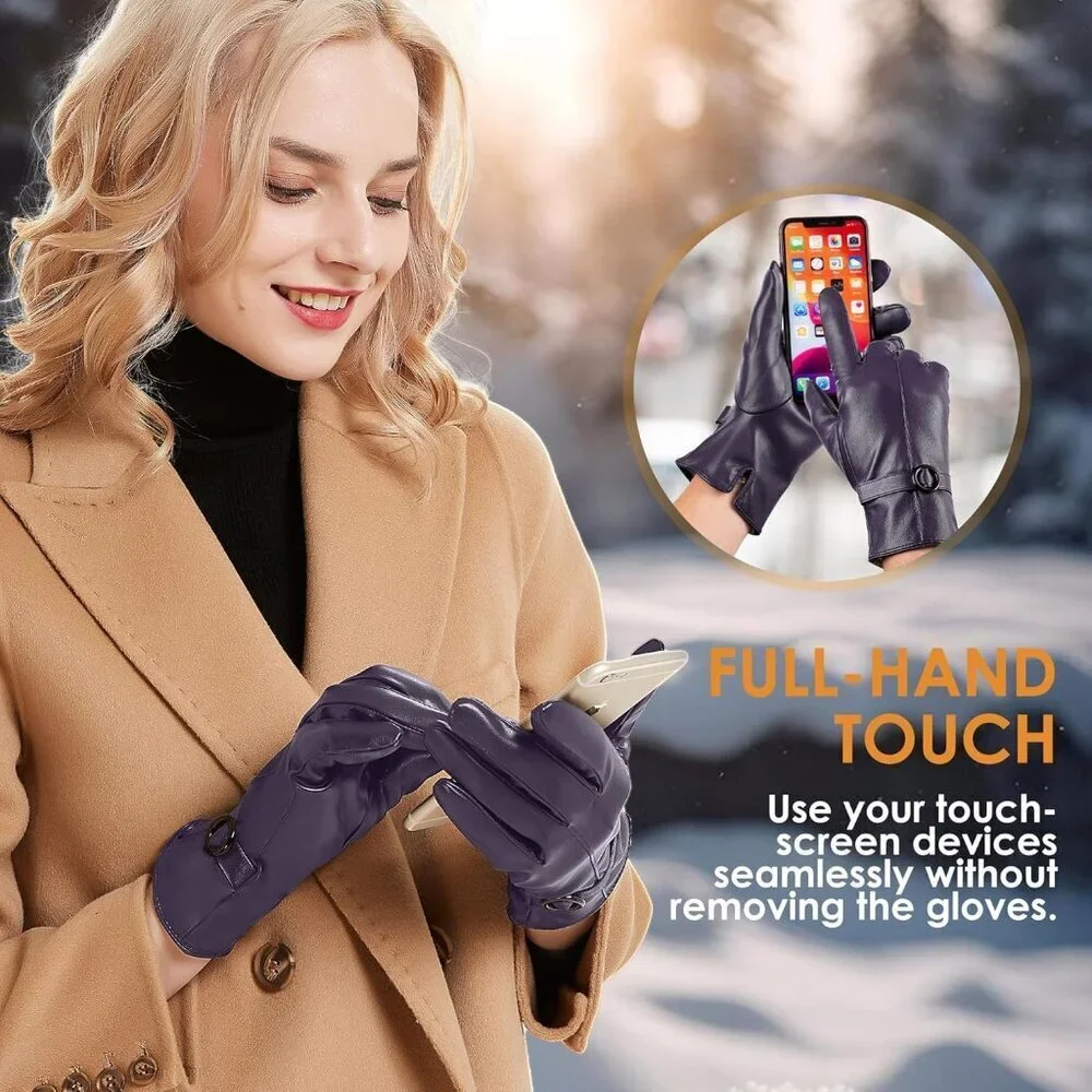 Women's Winter Leather Gloves Texting Warm Driving Lambskin Gloves Purple